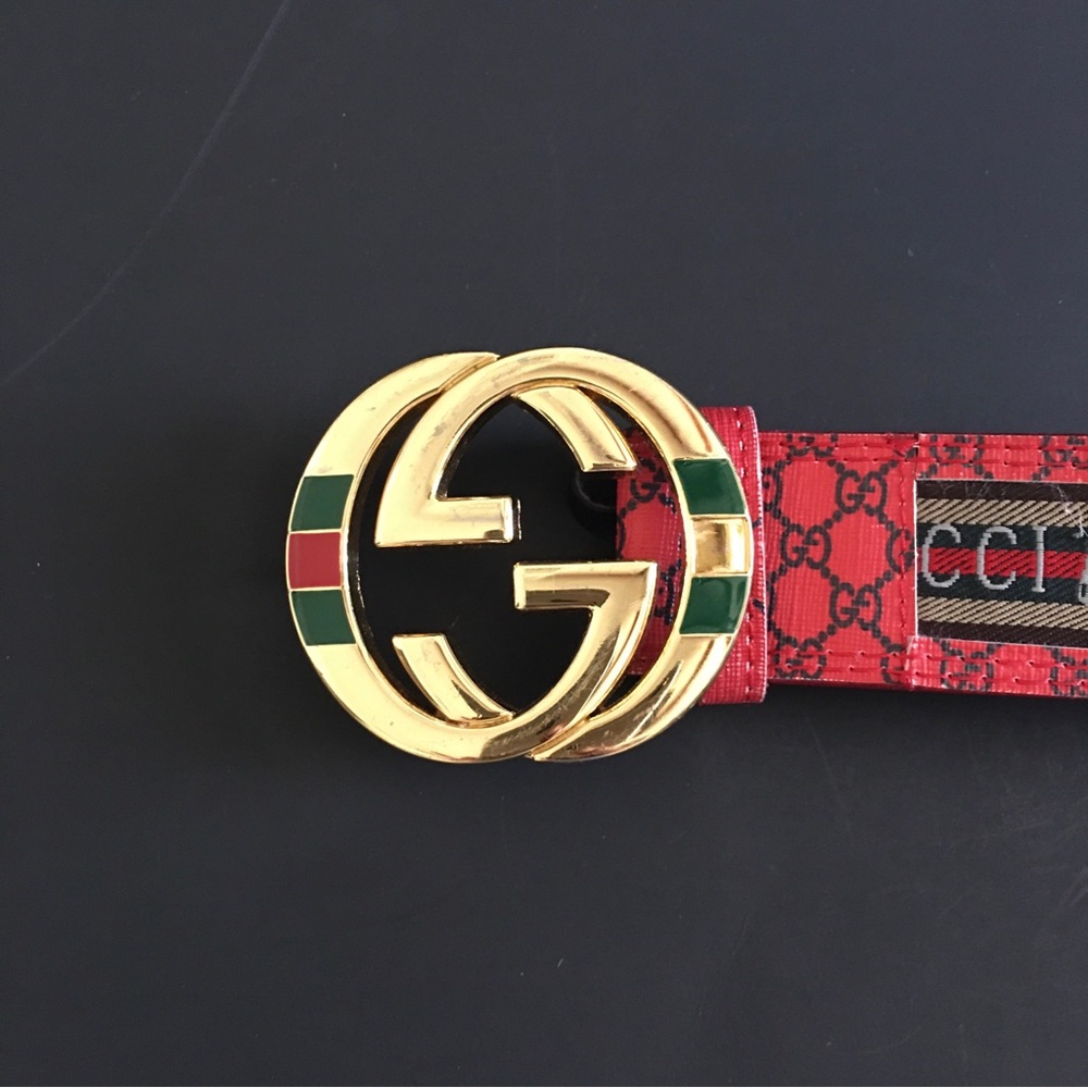 Gucci Leather Belt Red Green Beige Interlocking G Buckle 37-41 Waist - Picture 16 of 16